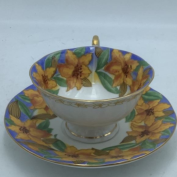 Queen’s England Fine Bone  China Art Deco Blue Teacup and Saucer - Picture 4 of 13